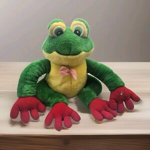 Vintage Plush Frog 20" Stuffed Animal Green Yellow Red Pink Bow Sitting Toy